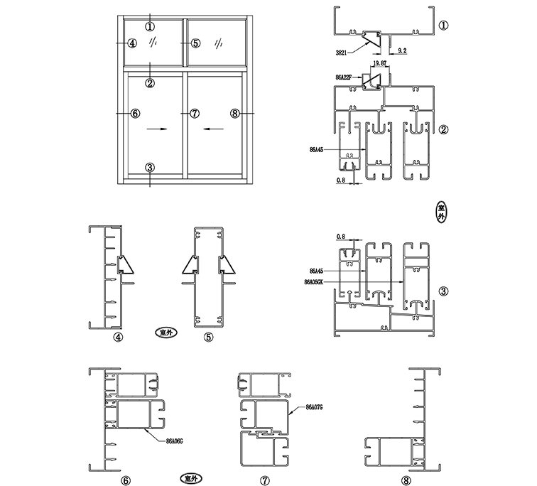 108三轨推拉窗节点图